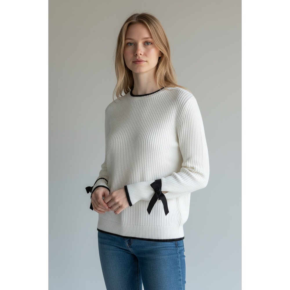 Vivante by VSA Women's Knit Eggshell Miranda‎ Tie Sleeve Ribbed Sweater Medium
